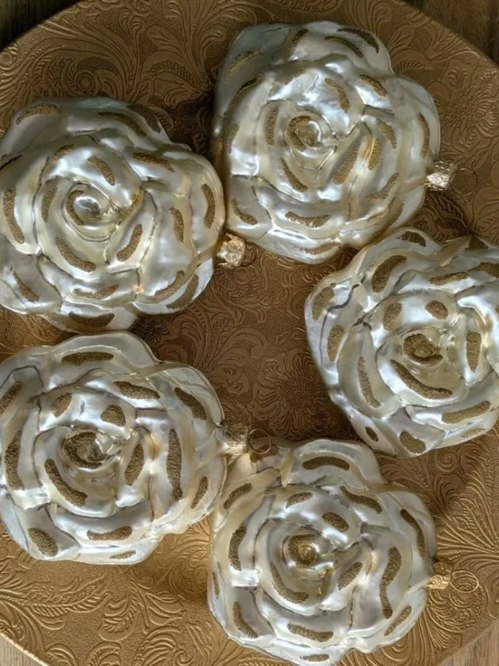 5 Vtg Glass Gold Rose Shaped Christmas Ornaments W/ Gold Beads Winter Wedding #2